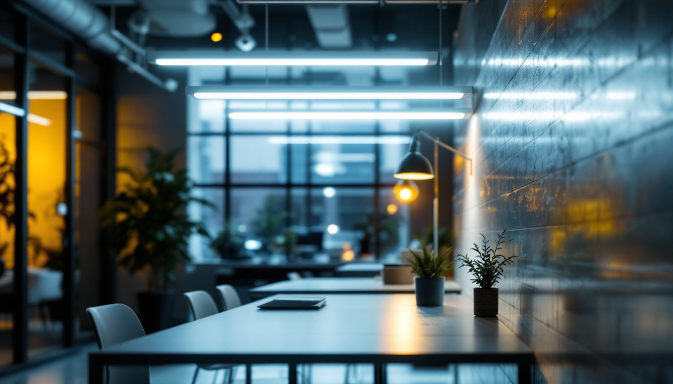 A photograph of capture a photograph of a modern workspace or commercial setting illuminated by led fluorescent tubes