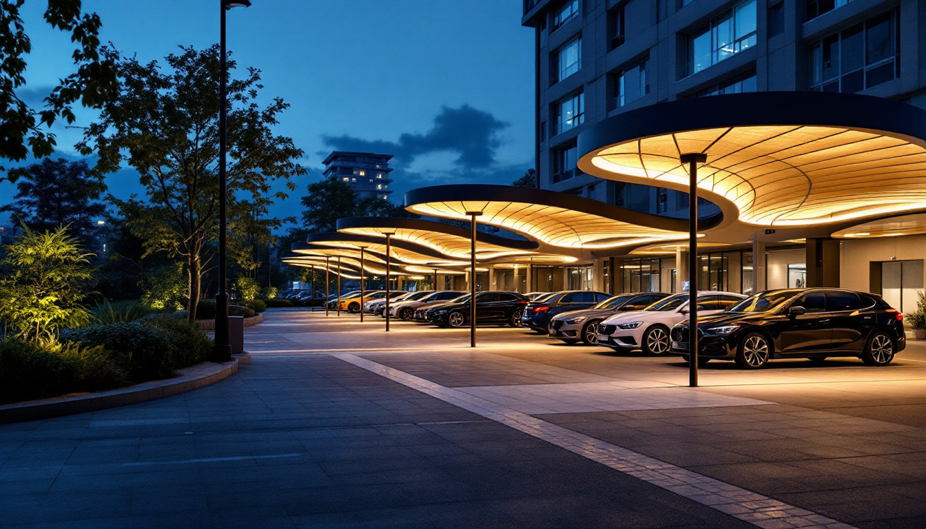 A photograph of a creatively illuminated car parking area at dusk