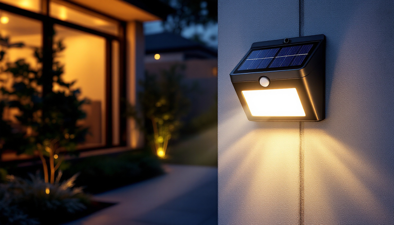A photograph of a solar motion detector flood light illuminating a modern outdoor space at dusk