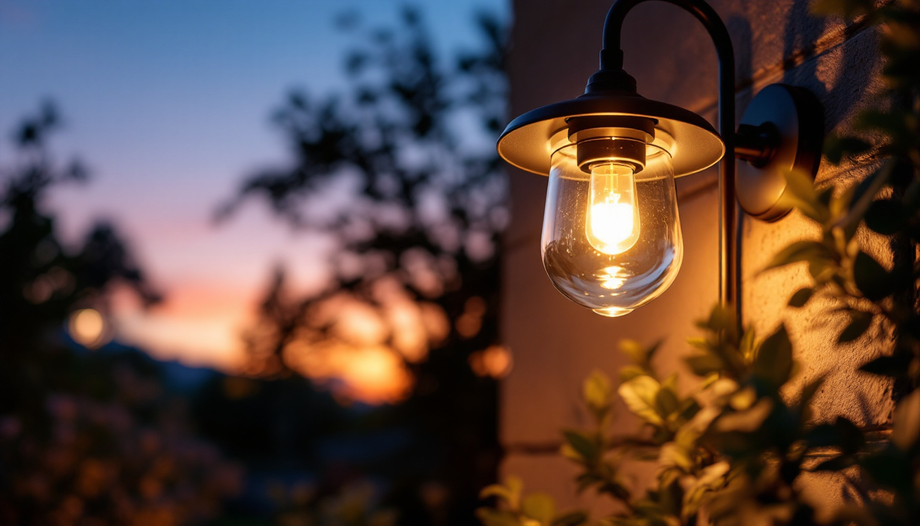 A photograph of a beautifully designed outdoor light fixture illuminating a serene garden or patio setting at dusk