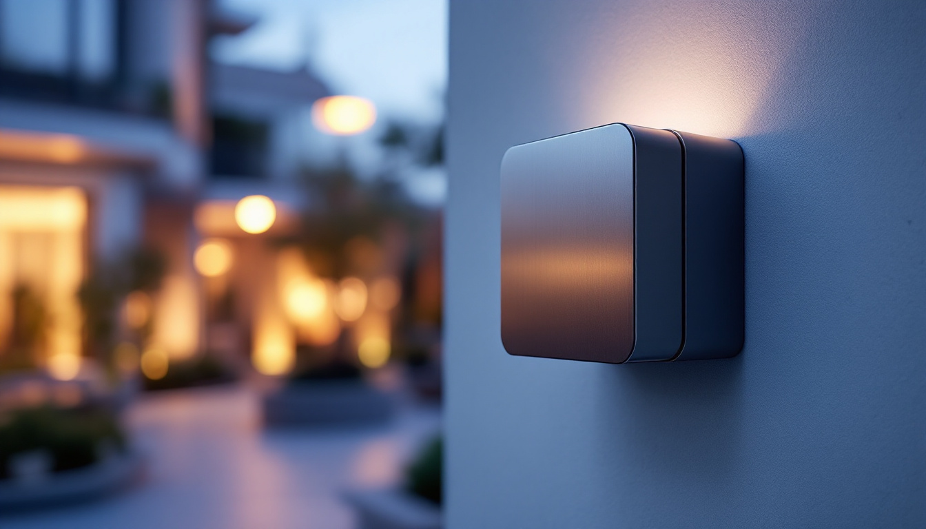 A photograph of capture a photograph of a stylishly designed 2-way metallic spotlight weatherproof box installed in a modern outdoor setting