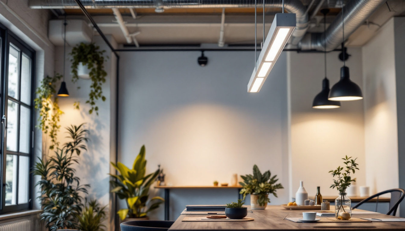 A photograph of capture a photograph of a well-lit interior space featuring 8-foot led light fixtures