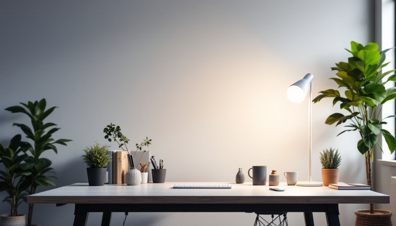 A photograph of a modern workspace illuminated by t5 light bulbs