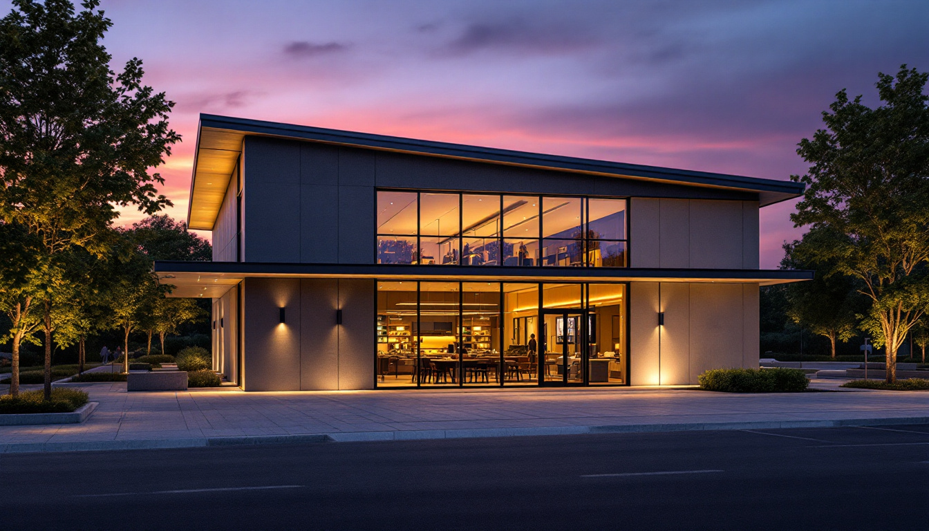 A photograph of a modern exterior commercial space illuminated by innovative lighting designs