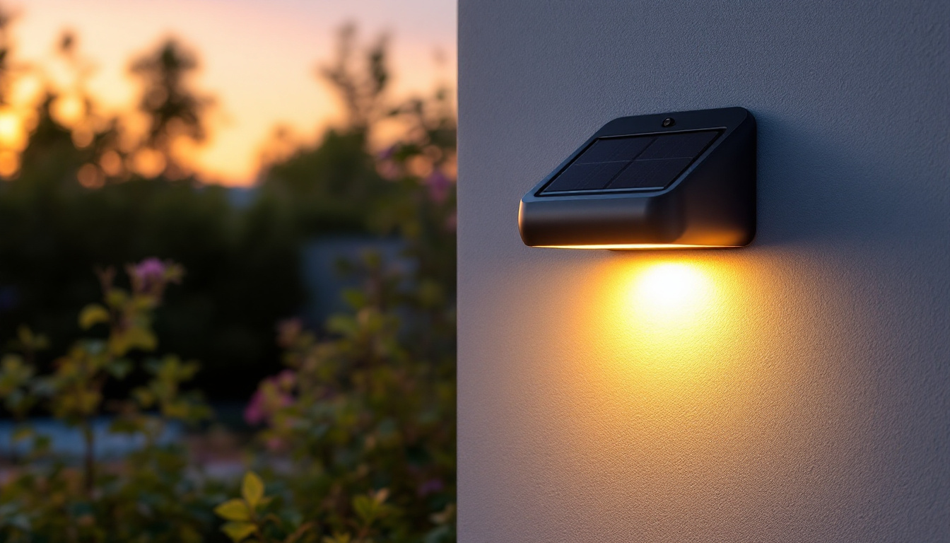 A photograph of a beautifully designed wall-mounted solar light illuminating a garden or outdoor space at dusk