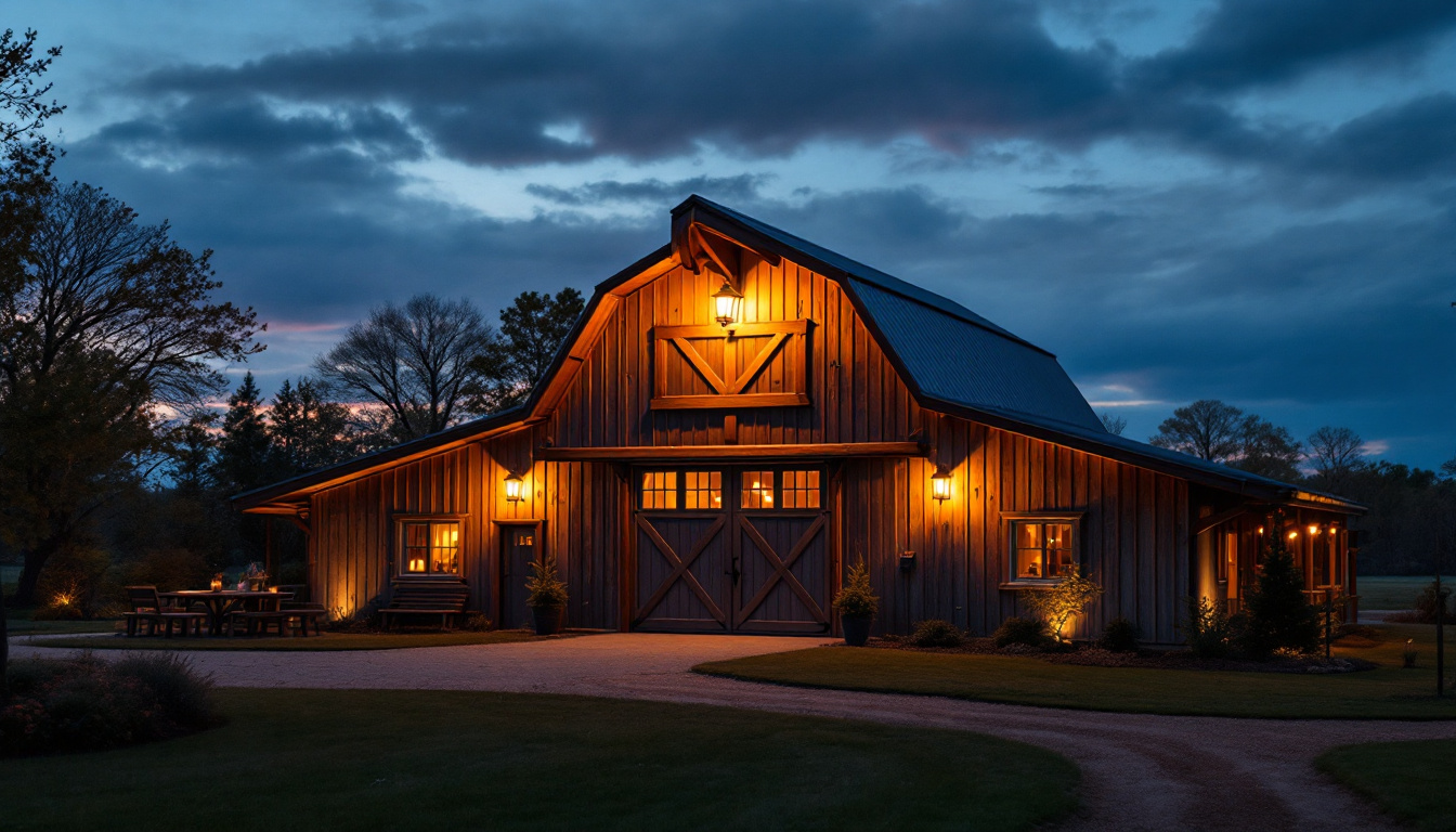 A photograph of a beautifully illuminated outdoor barn at dusk