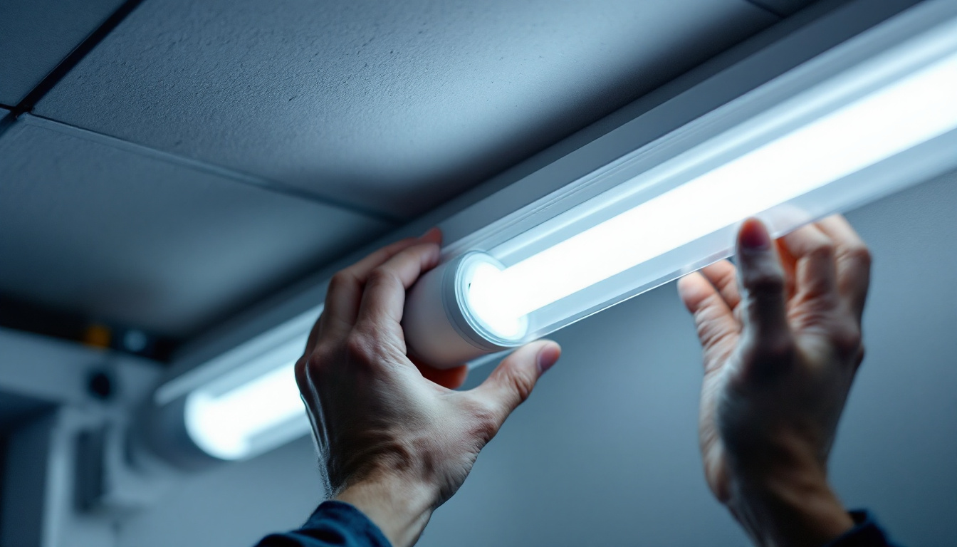 A photograph of a close-up shot of a fluorescent tube led replacement being installed in a fixture