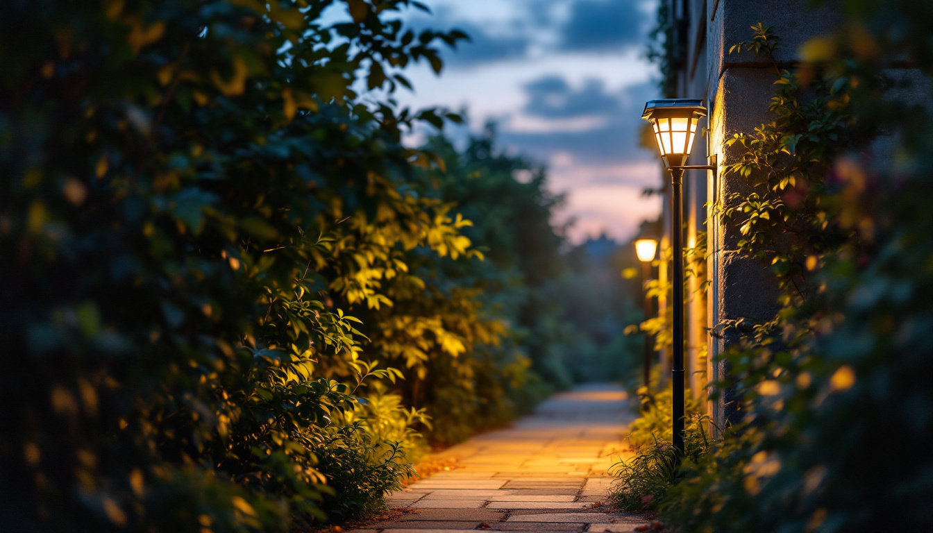 A photograph of a solar-powered security lamp illuminating a pathway at dusk
