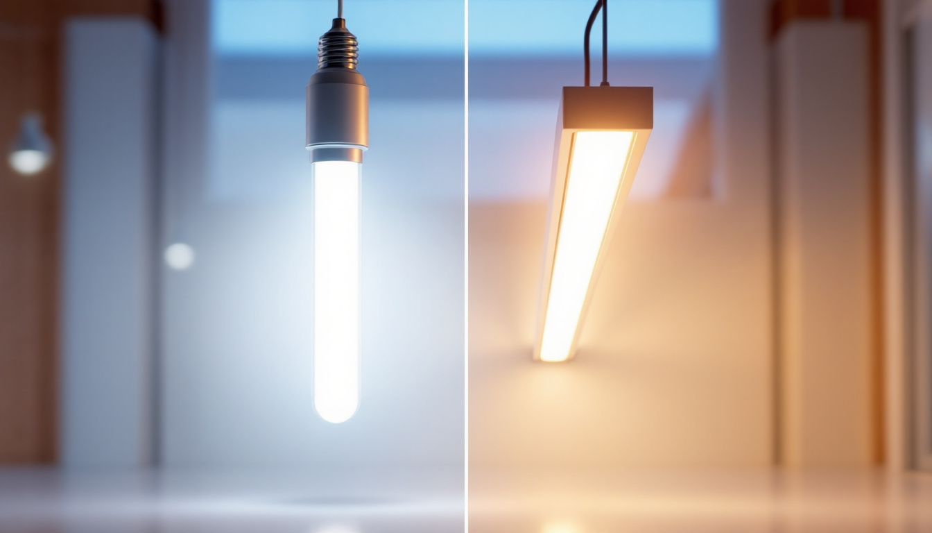 A photograph of a side-by-side comparison of a traditional fluorescent tube and a sleek