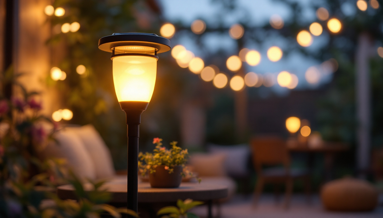 A photograph of a solar shed lamp illuminating a cozy outdoor setting