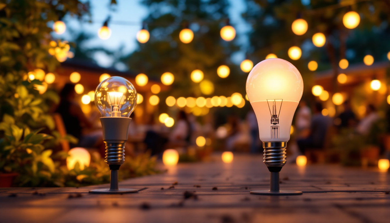 A photograph of a vibrant outdoor scene illuminated by various solar bulbs at dusk