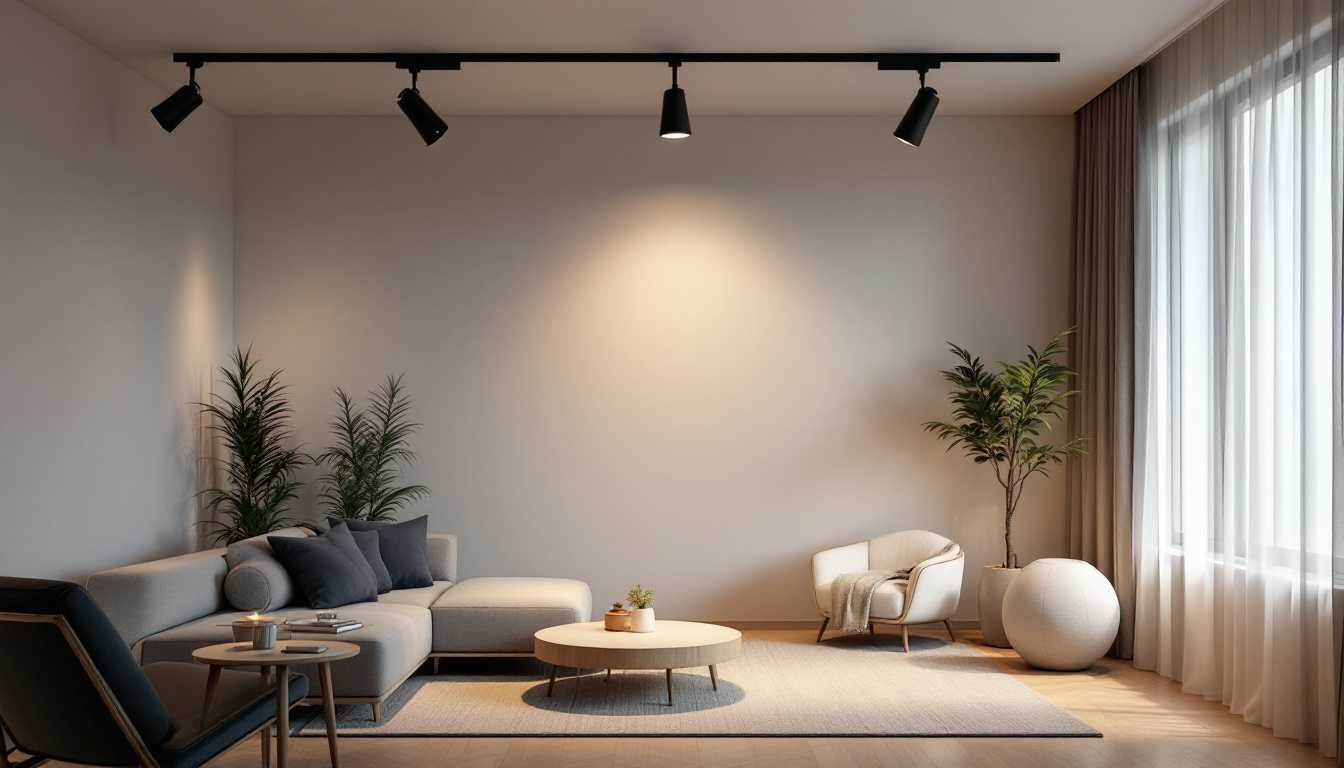 A photograph of a stylishly designed room featuring track lighting