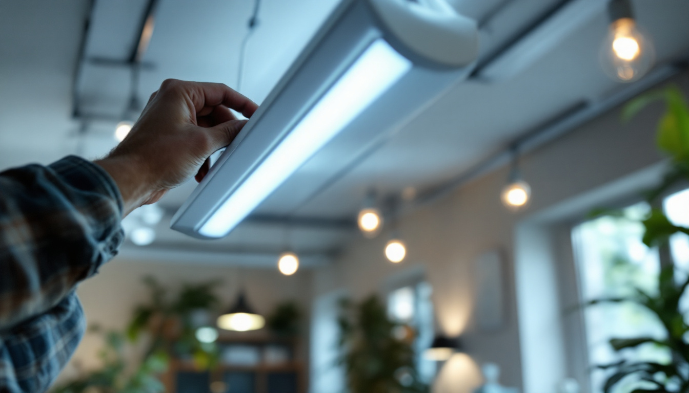 A photograph of capture a photograph of a modern led light fixture being installed in place of an old fluorescent fixture