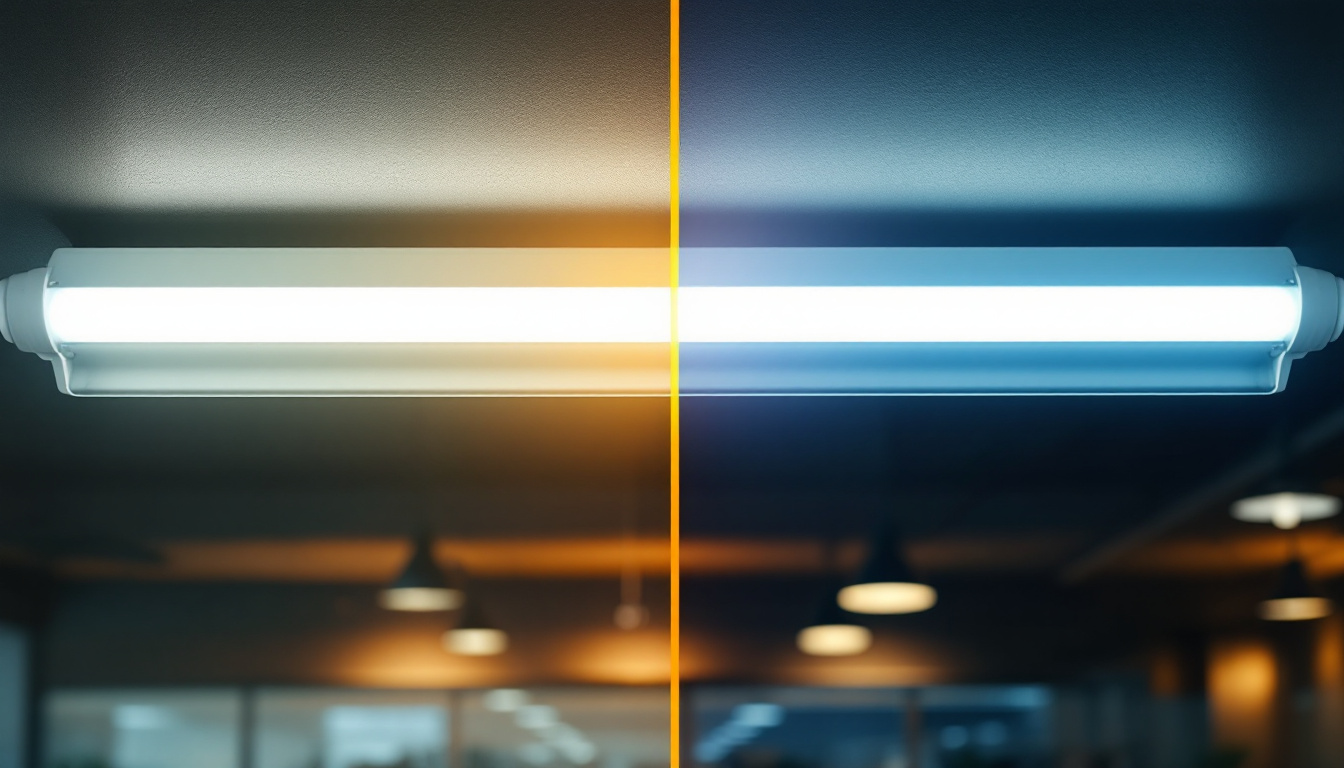 A photograph of a side-by-side comparison of a fluorescent light fixture and its upgraded led conversion kit in a well-lit environment