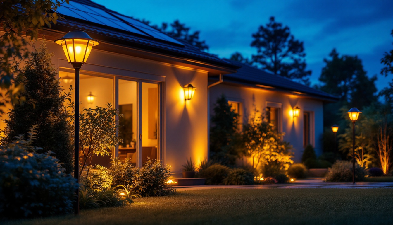 A photograph of a beautifully illuminated outdoor space featuring solar house lamps in use