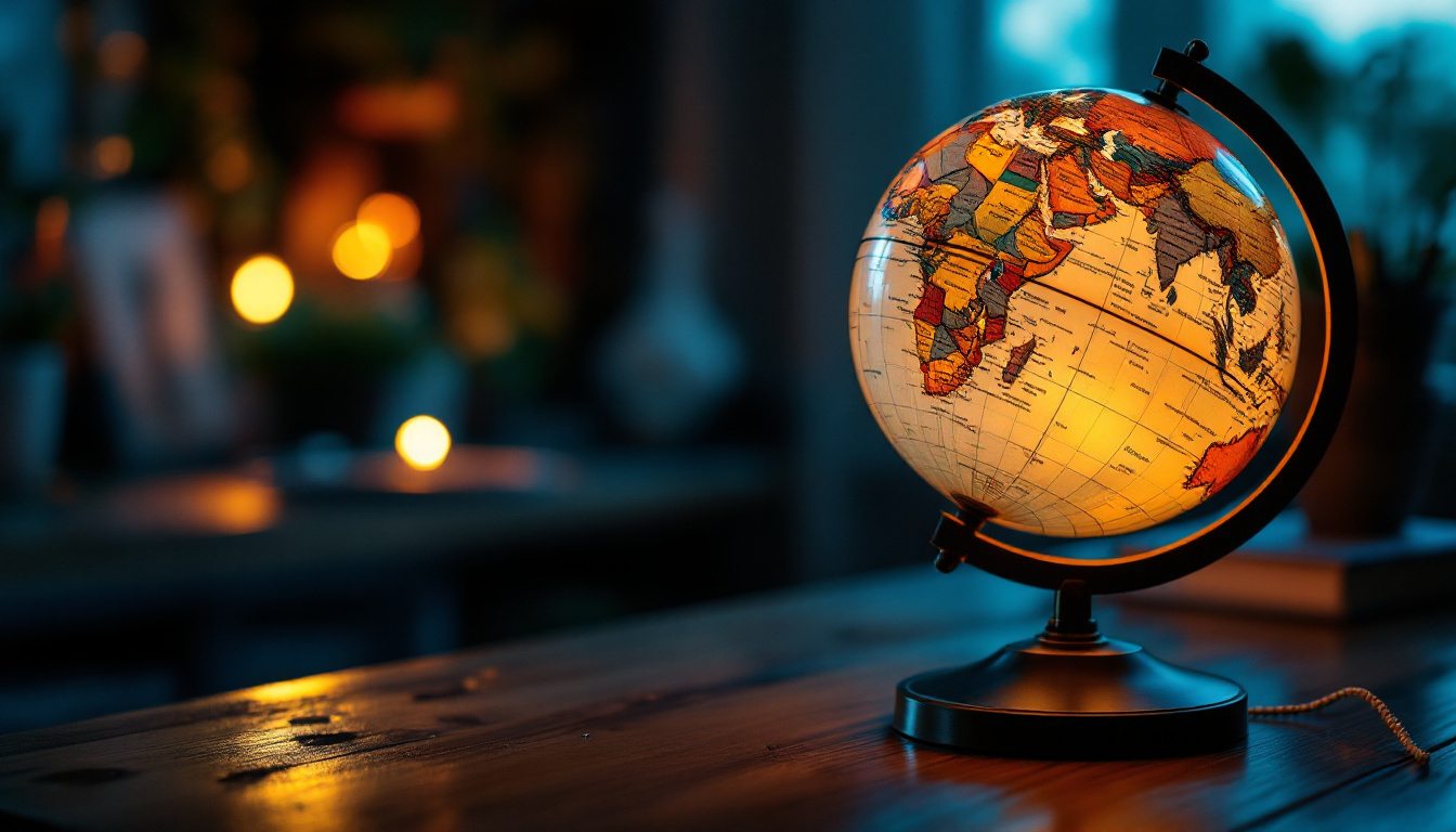 A photograph of a beautifully lit vintage led globe on a wooden desk