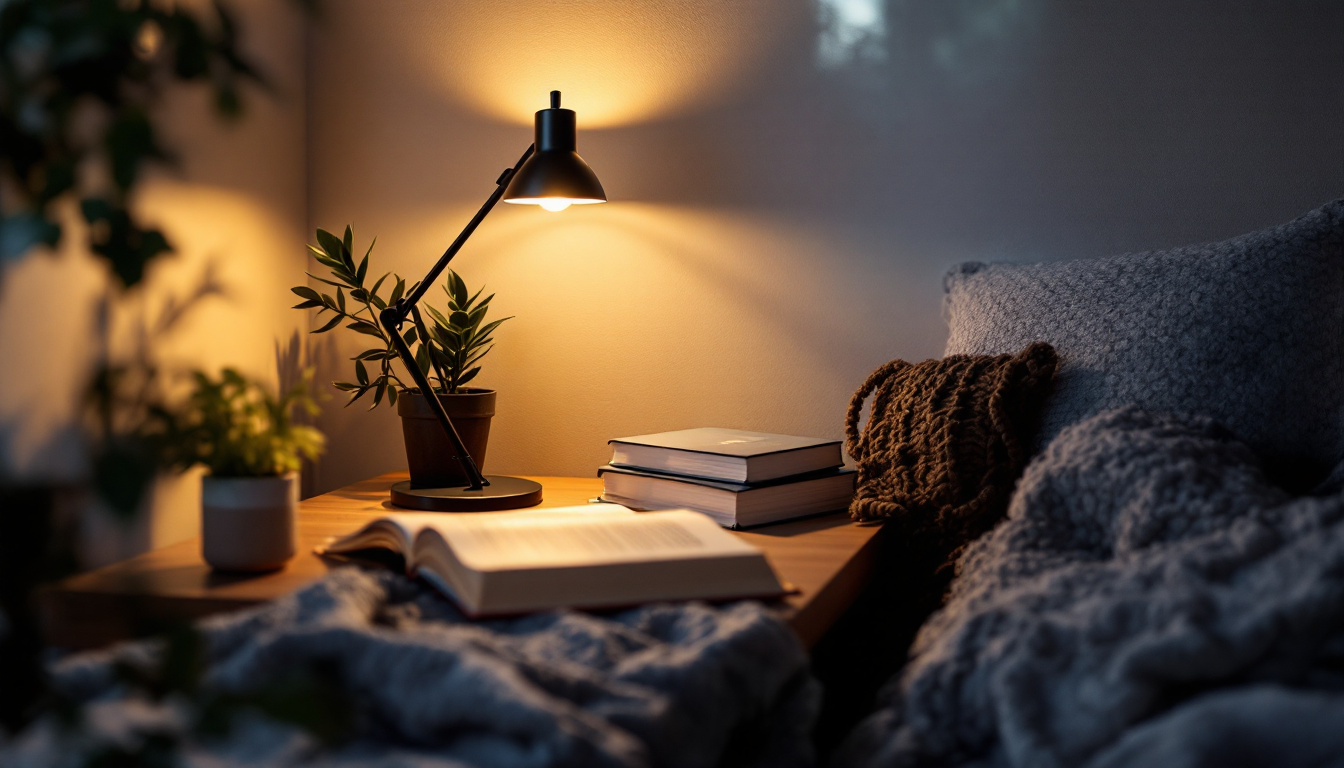 A photograph of a stylishly arranged type t lamp illuminating a cozy reading nook