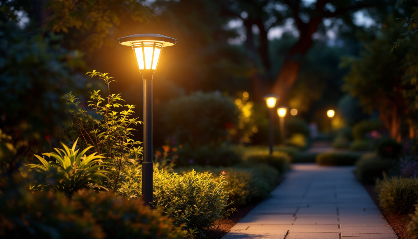 A photograph of a beautifully illuminated outdoor solar pole light in a serene garden or park setting during twilight