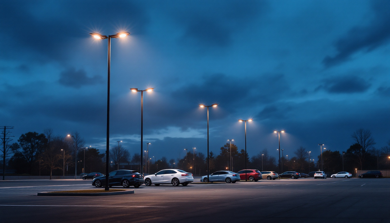 A photograph of a well-lit parking lot at dusk