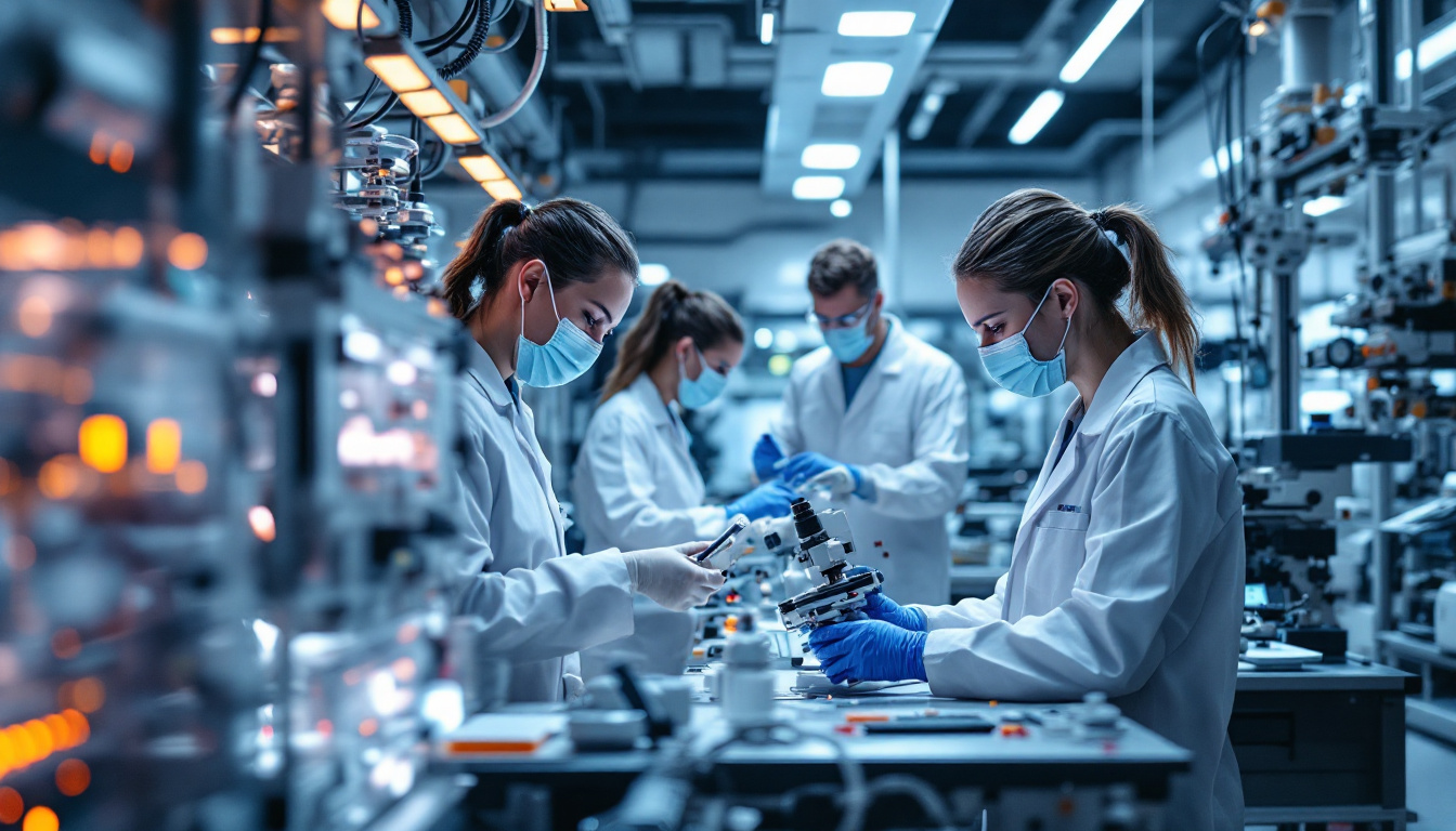 A photograph of a futuristic laboratory setting showcasing researchers engaged with advanced ex 200w a3d50d120 technology