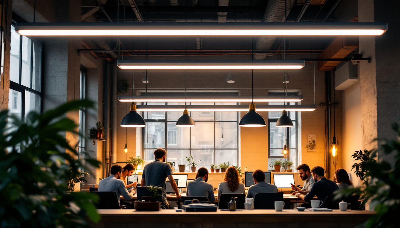 A photograph of a modern workspace or industrial setting illuminated by sleek 4-ft fluorescent light fixtures