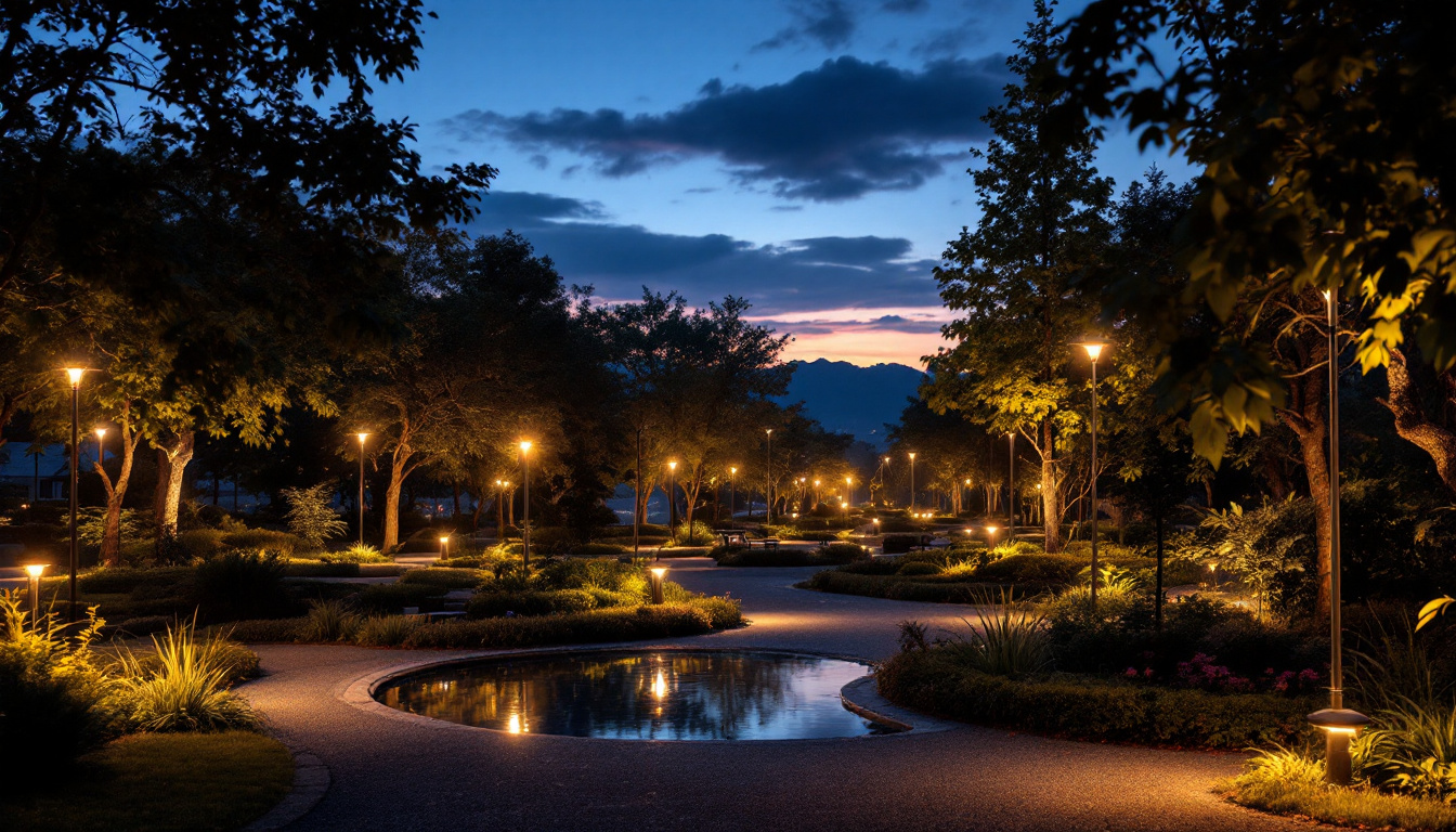 A photograph of a beautifully illuminated park at dusk