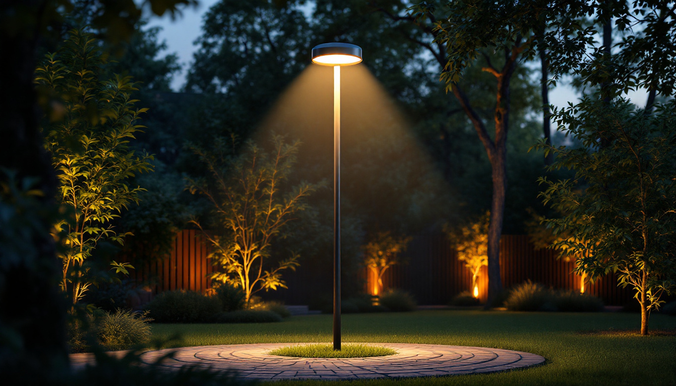 A photograph of a modern light pole in a well-lit yard at dusk