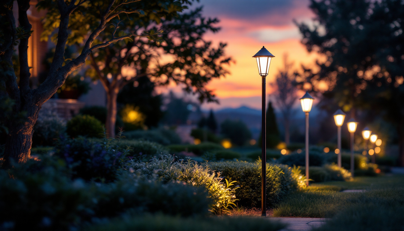 A photograph of a beautifully illuminated outdoor space featuring stylish post lights that enhance the ambiance while showcasing energy-efficient lighting options in a landscaped environment during twilight