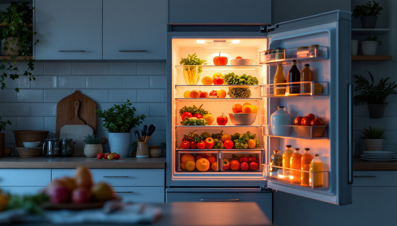 A photograph of a beautifully styled kitchen scene featuring an open refrigerator with its light illuminating fresh