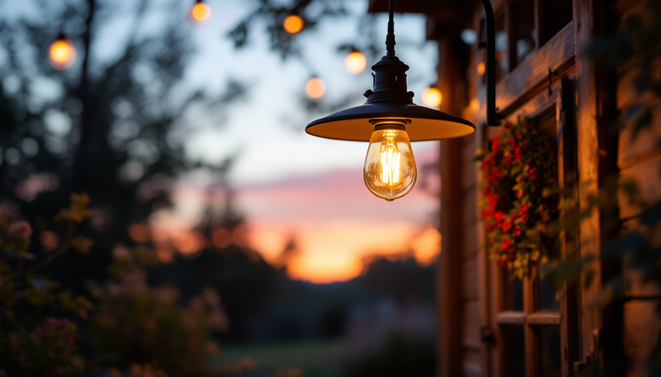 A photograph of a rustic outdoor barn lamp casting warm