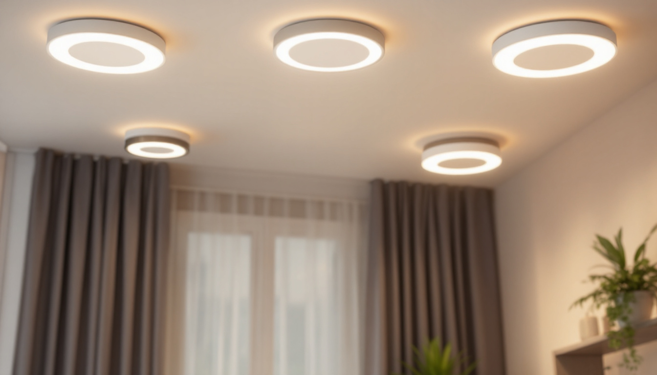 A photograph of a well-lit interior space showcasing various styles of can light trim rings installed in a ceiling