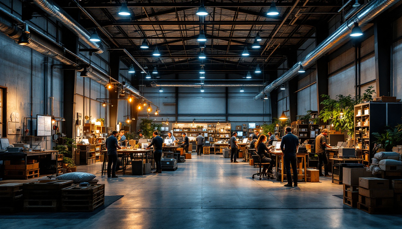 A photograph of a modern workplace or warehouse illuminated by stylish outdoor barn lights