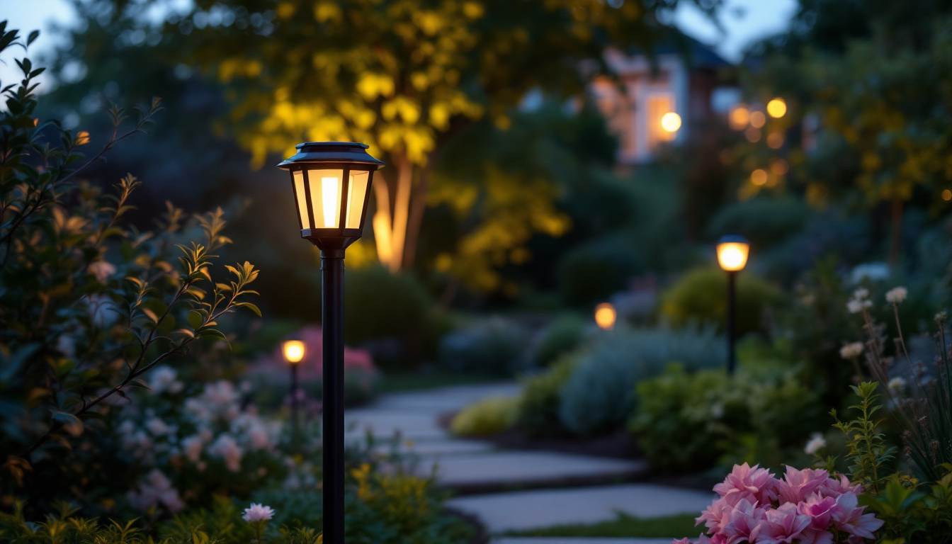 A photograph of a beautifully landscaped outdoor space at dusk