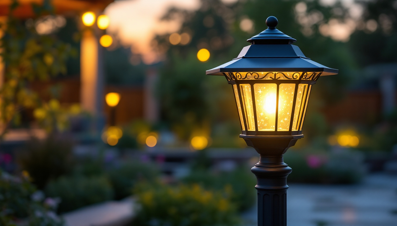 A photograph of a beautifully illuminated solar post lantern in a serene outdoor setting