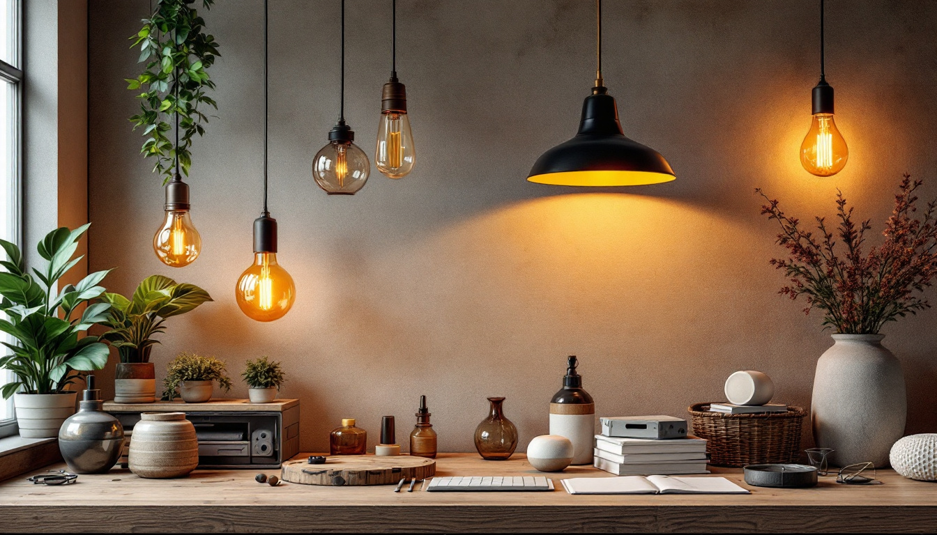 A photograph of a stylishly arranged workspace featuring various pendant light parts