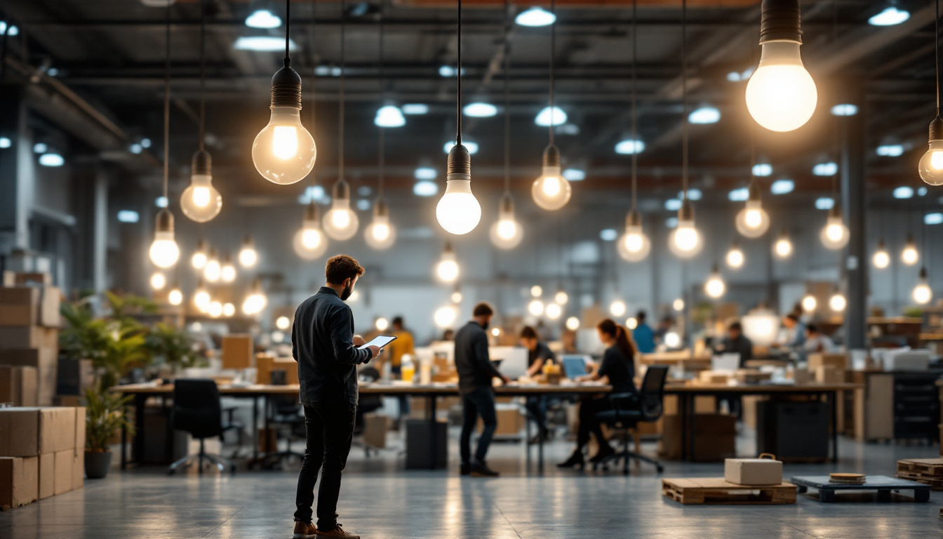 A photograph of a modern workplace or warehouse illuminated by t-type bulbs