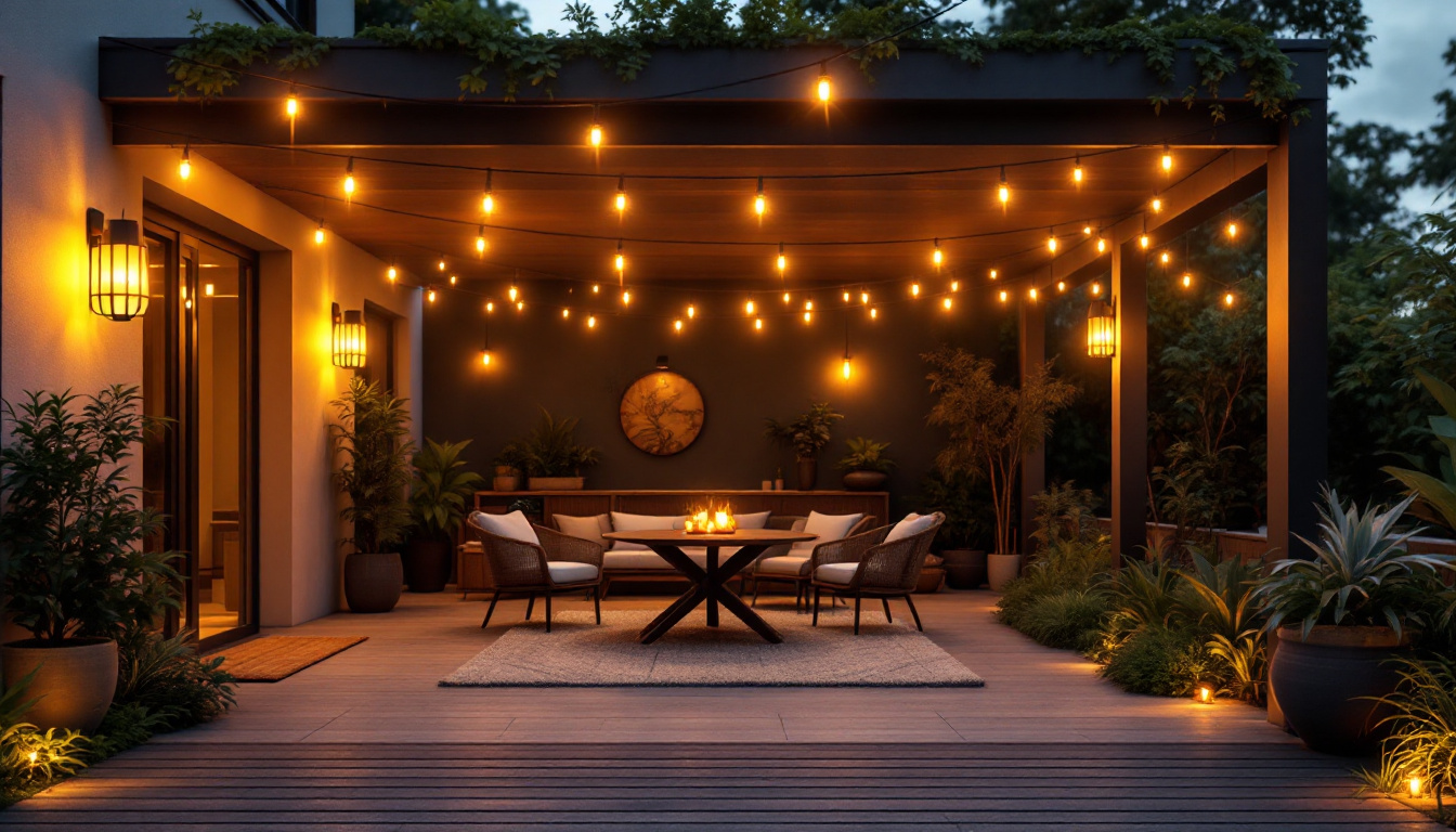 A photograph of a beautifully designed outdoor patio space illuminated by stylish light fixtures