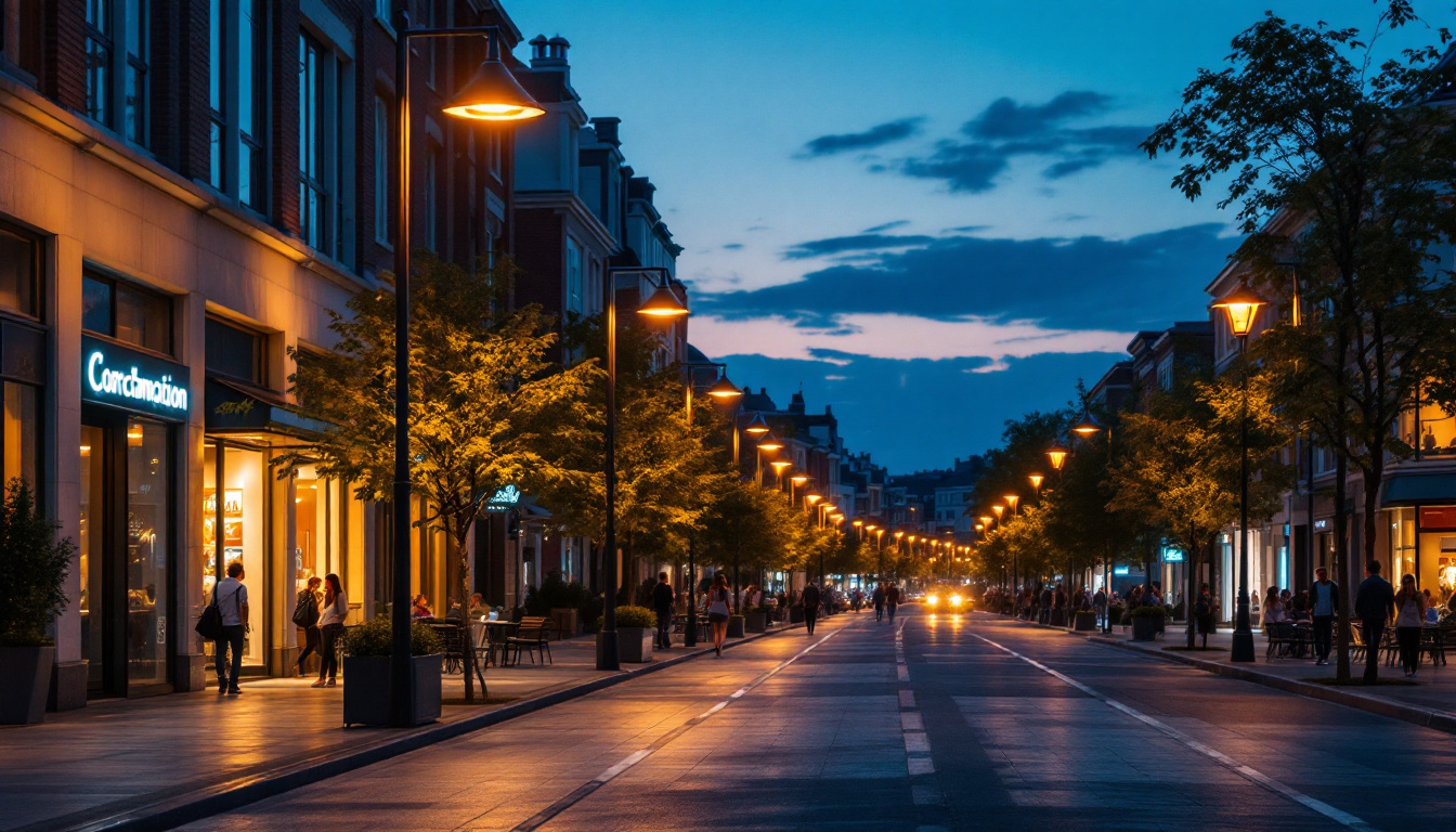 A photograph of capture a photograph of a well-lit commercial street at dusk