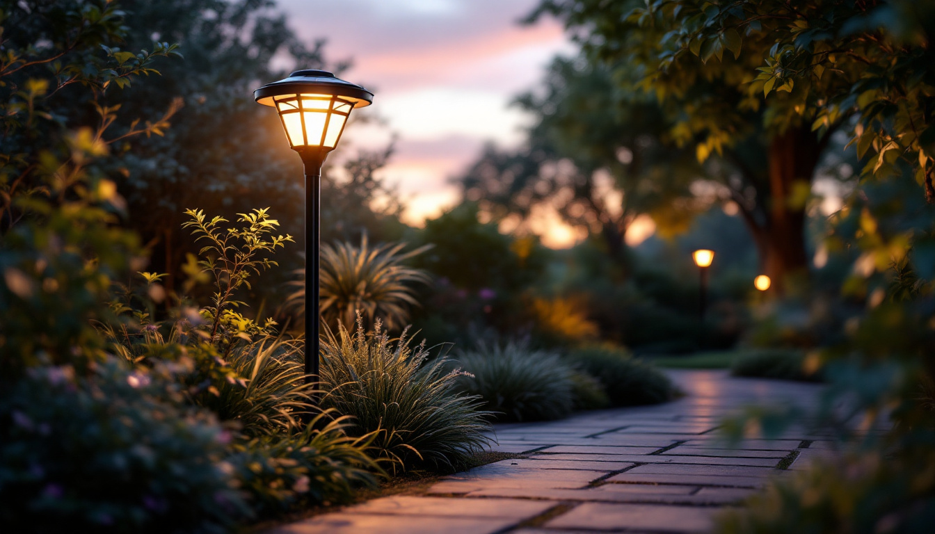 A photograph of a beautifully illuminated solar outdoor pole light in a serene garden setting at dusk