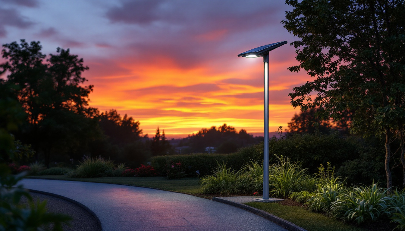 A photograph of a solar light pole illuminated at dusk