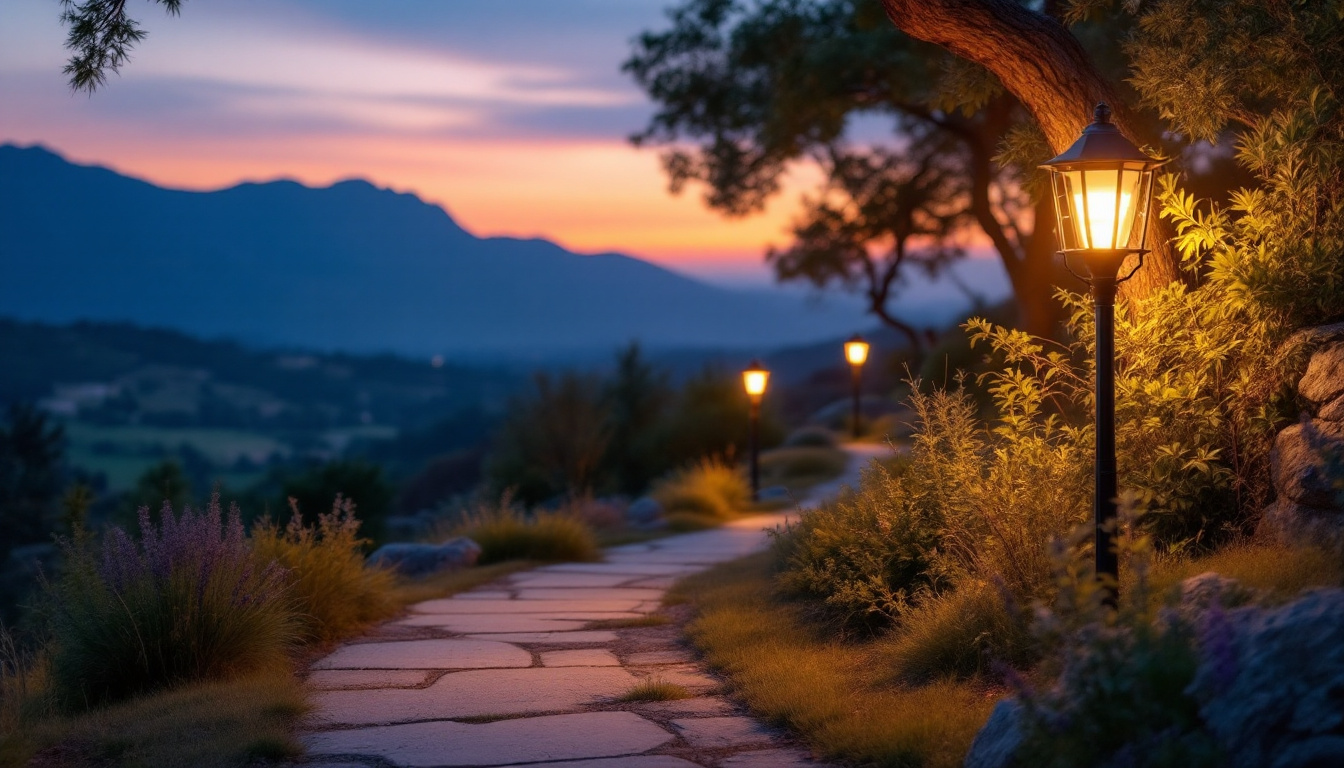 A photograph of a serene outdoor scene illuminated by post-solar lights at dusk