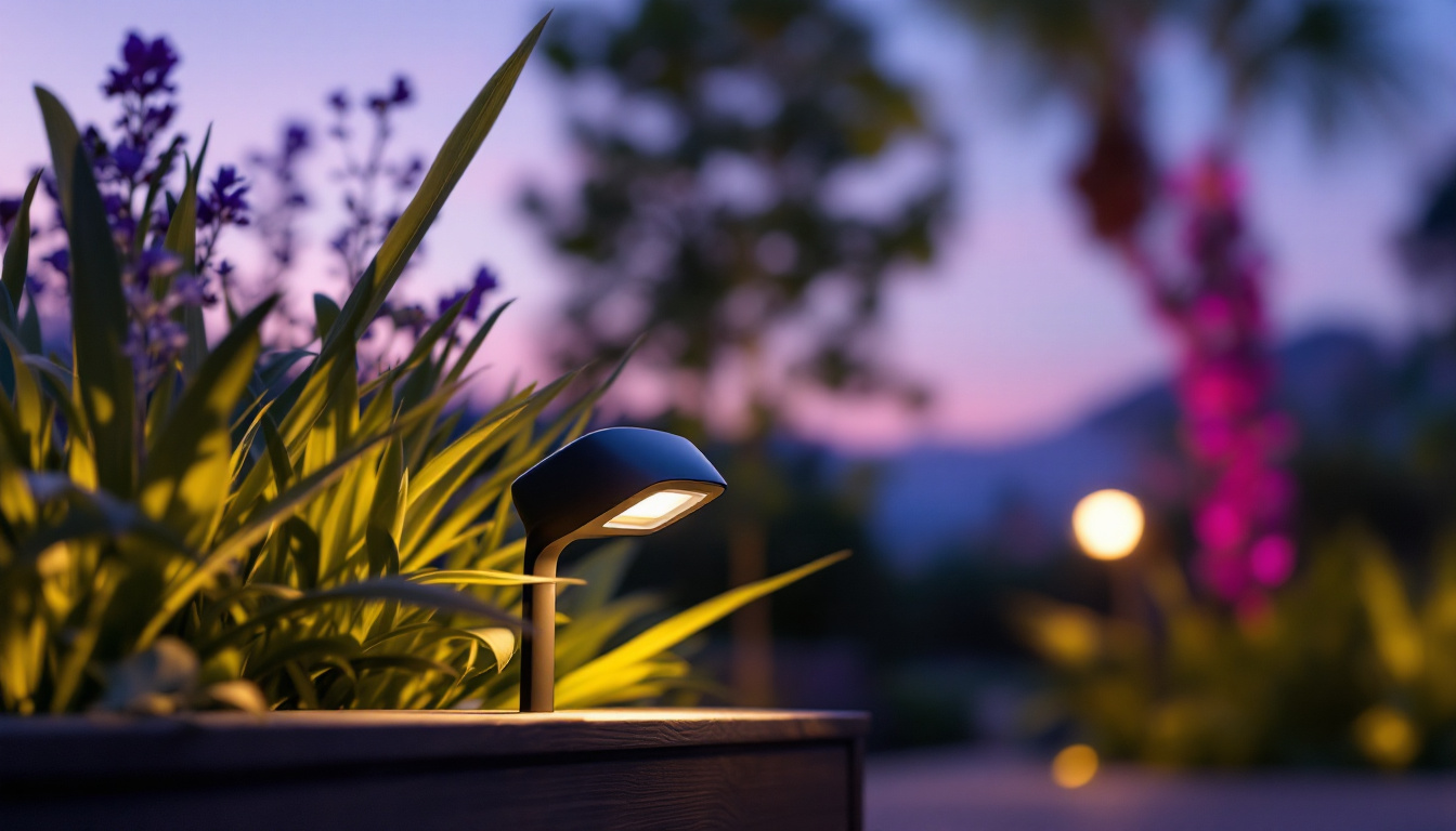 A photograph of a motion-activated outdoor led light illuminating a garden or pathway at dusk