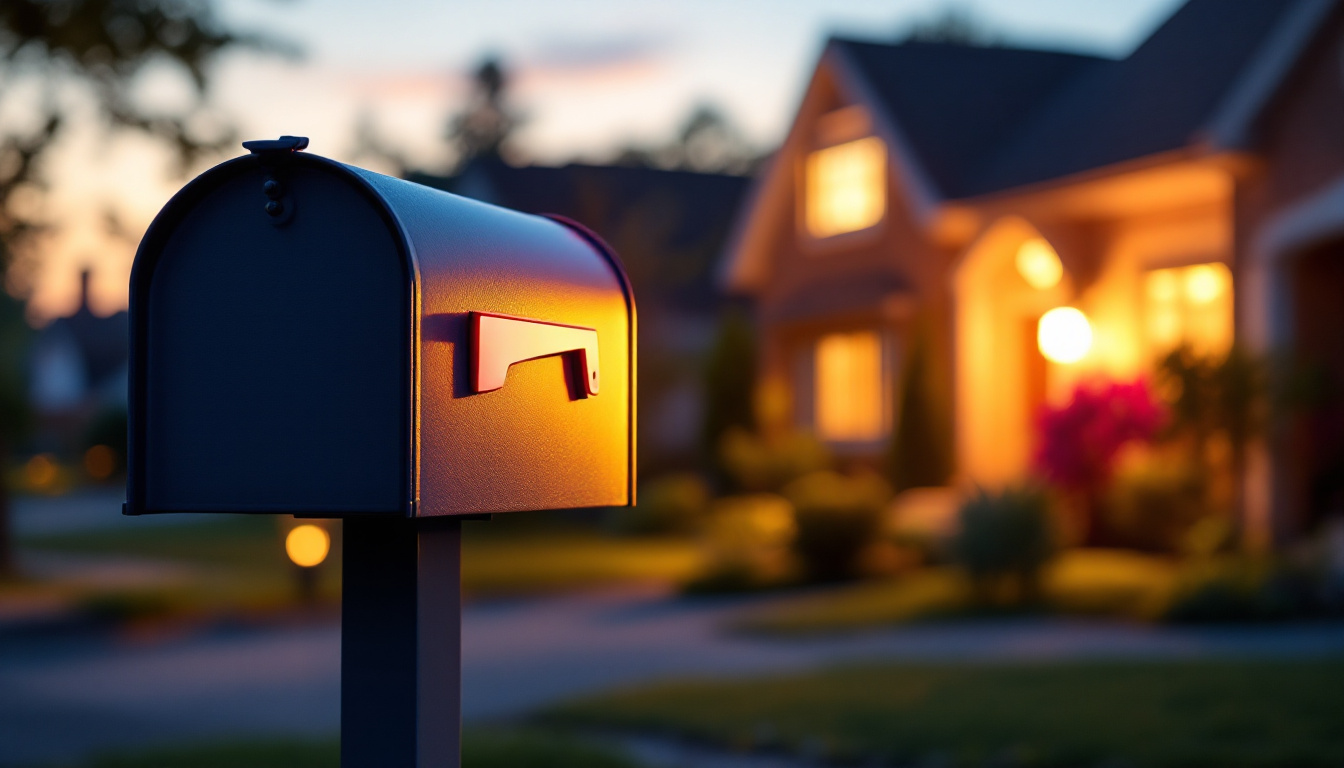 A photograph of a brightly lit mailbox at dusk