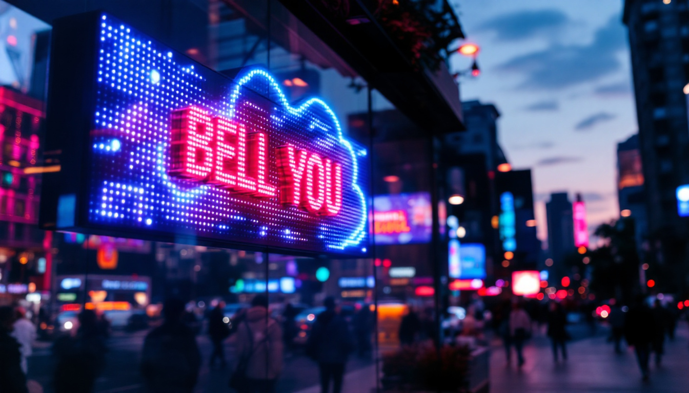 A photograph of a vibrant led sign in a bustling urban setting during twilight