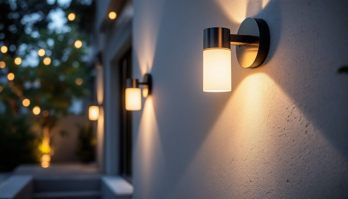A photograph of a beautifully lit outdoor space featuring stylish wall-mounted lights that enhance the ambiance and functionality of the area