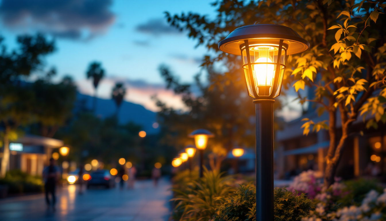 A photograph of a beautifully designed solar lamppost illuminating a vibrant outdoor space