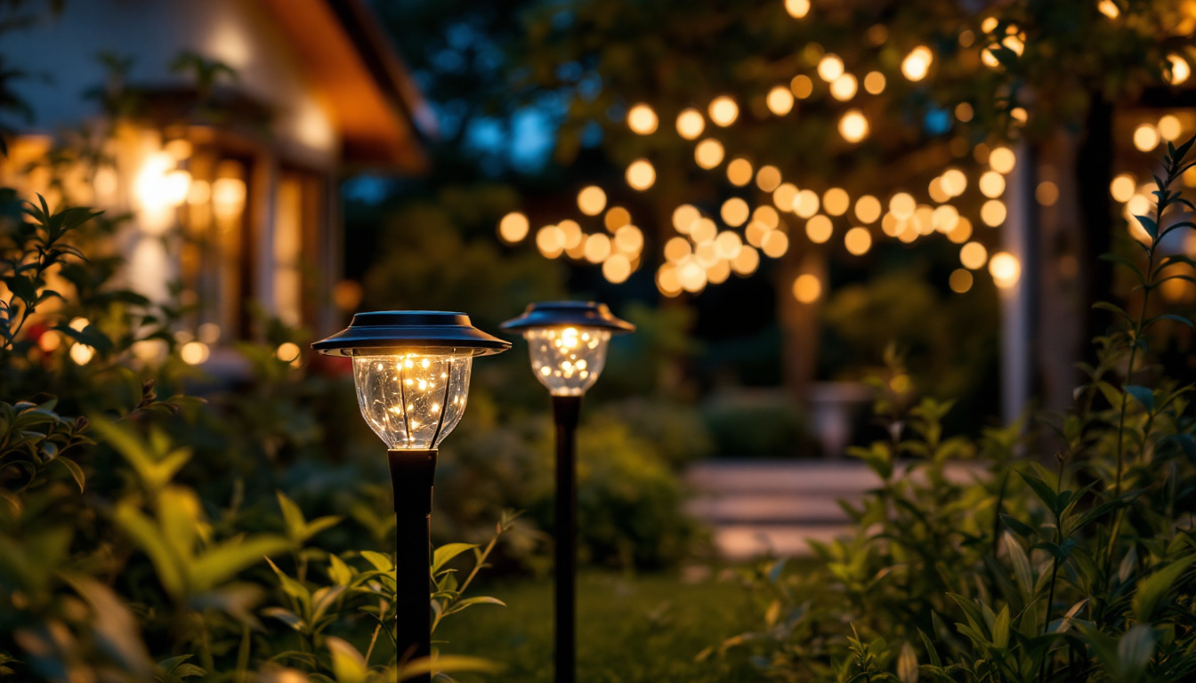 A photograph of a beautifully lit outdoor space featuring solar lights illuminating a garden or patio area at dusk