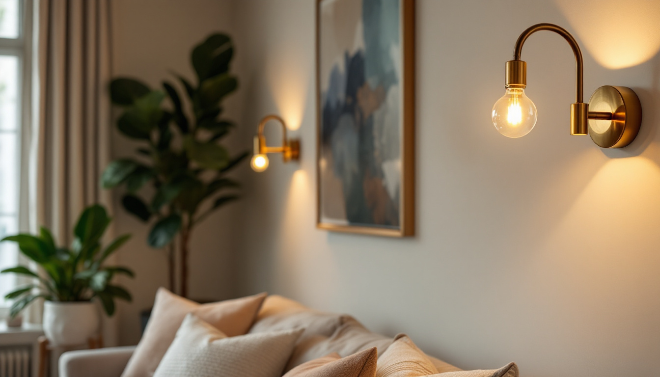 A photograph of capture a photograph of a beautifully styled living space featuring various gooseneck brass sconces in different shapes