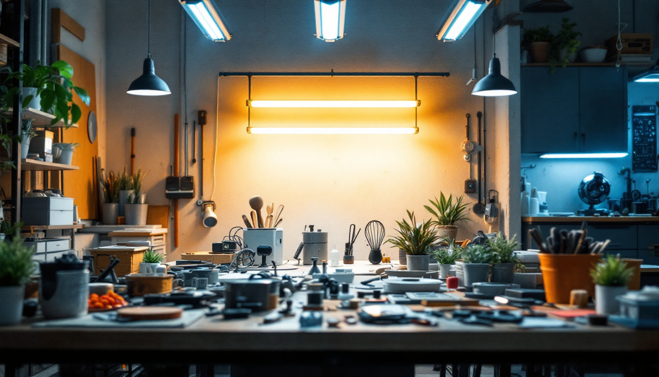 A photograph of a brightly lit workspace featuring fluorescent shop lights in action