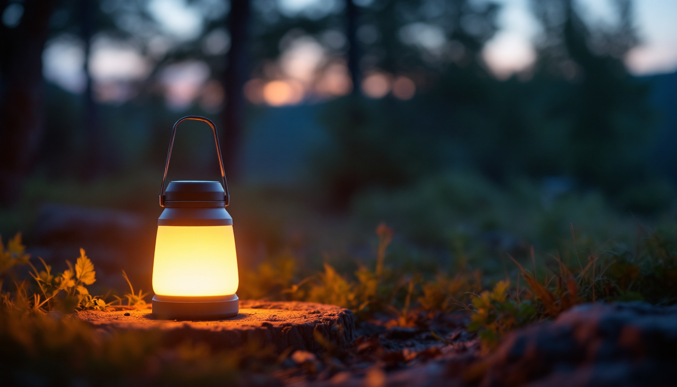 A photograph of a vibrant outdoor scene featuring a solar-powered camping lamp illuminating a cozy campsite at dusk